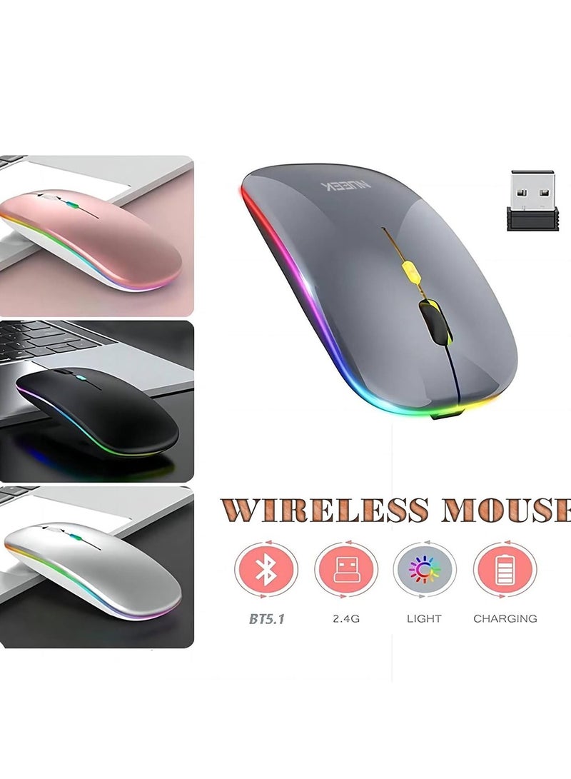 نُوِيق ماوس بلوتوث لاسلكي، مستقبل لاسلكي USB بتقنية بلوتوث 5.1 + 2.4 جيجاهرتز، ماوس لاسلكي صامت قابل لإعادة الشحن من النوع C لأجهزة الكمبيوتر الشخصية وأجهزة الكمبيوتر المحمولة والأجهزة اللوحية والهواتف المحمولة، 3 إعدادات مسبقة لدقة النقاط في البوصة قابلة للتعديل مع أضواء RGB (رمادي) - Image 2