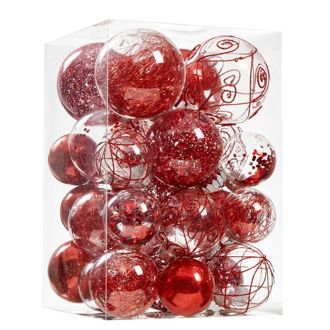 CHRISTMAS BALL ORNAMENTS SHATTERPROOF CLEAR LARGE PLASTIC HANGING BALL DECORATIVE BAUBLES SET WITH STUFFED DELICATE DECORATIONS MULTISIZE RED
