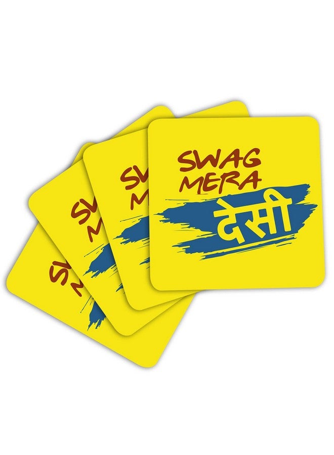 ASHVAH Swag mera desi Print/Typography Tea/Coffee Mug/Designer Handmade Wooden Coaster Set for Home Kitchen, Office Desk - Set of 4 - Square: 10cm - Image 3