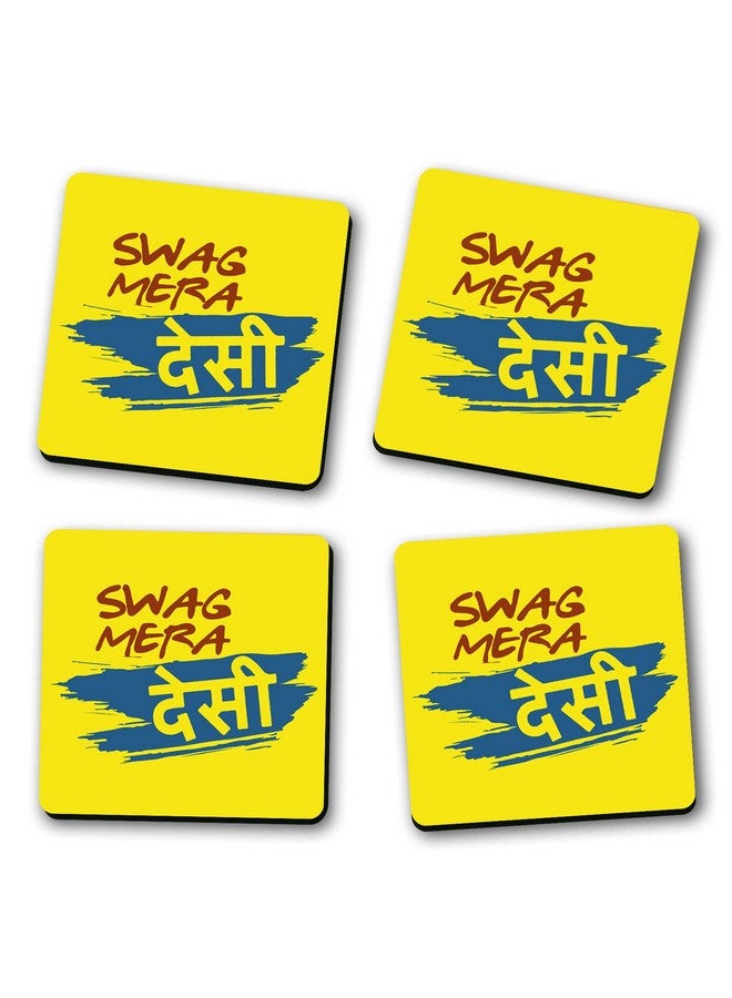 ASHVAH Swag mera desi Print/Typography Tea/Coffee Mug/Designer Handmade Wooden Coaster Set for Home Kitchen, Office Desk - Set of 4 - Square: 10cm - Image 2