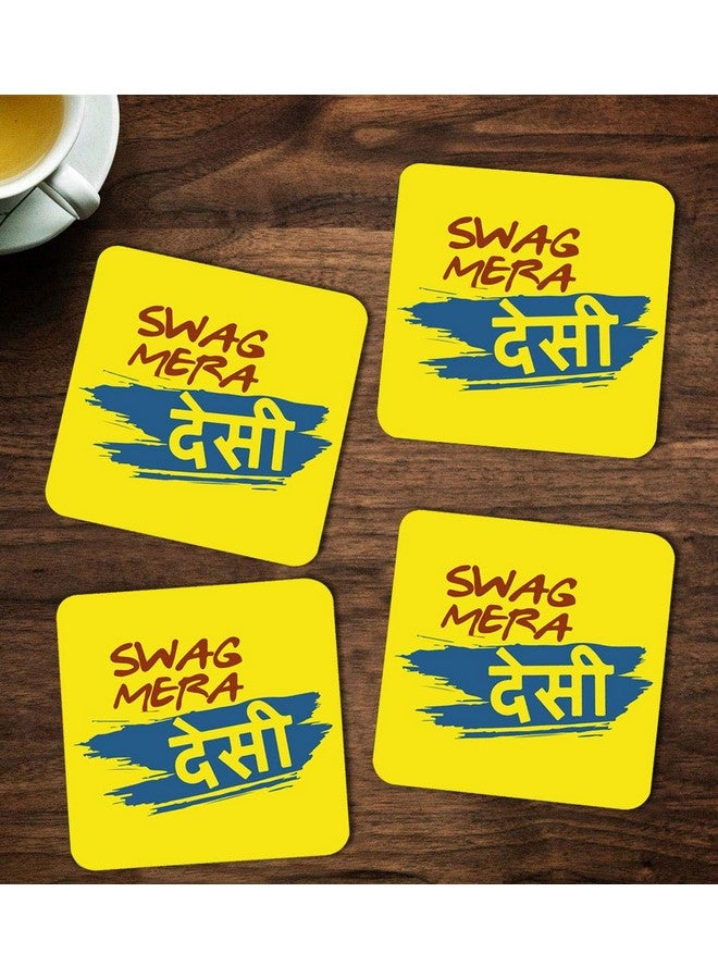 ASHVAH Swag mera desi Print/Typography Tea/Coffee Mug/Designer Handmade Wooden Coaster Set for Home Kitchen, Office Desk - Set of 4 - Square: 10cm - Image 1
