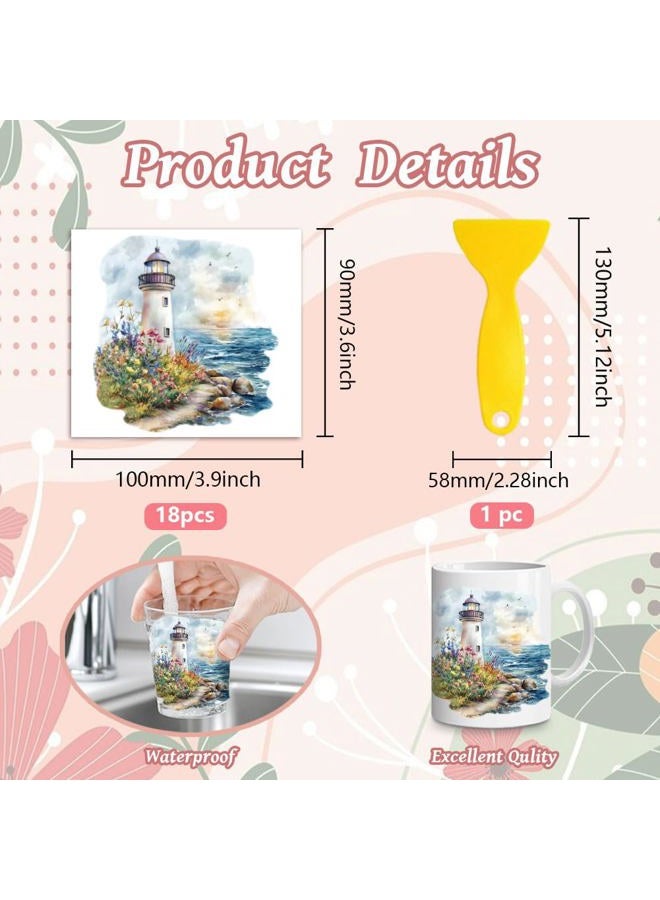 Peacoblue Rub on Transfers for Crafts,18 Sheets 3.9 x 3.6 Inch Watercolor Decals Transfer Stickers Lighthouse for DIY Glass Cup - Image 2