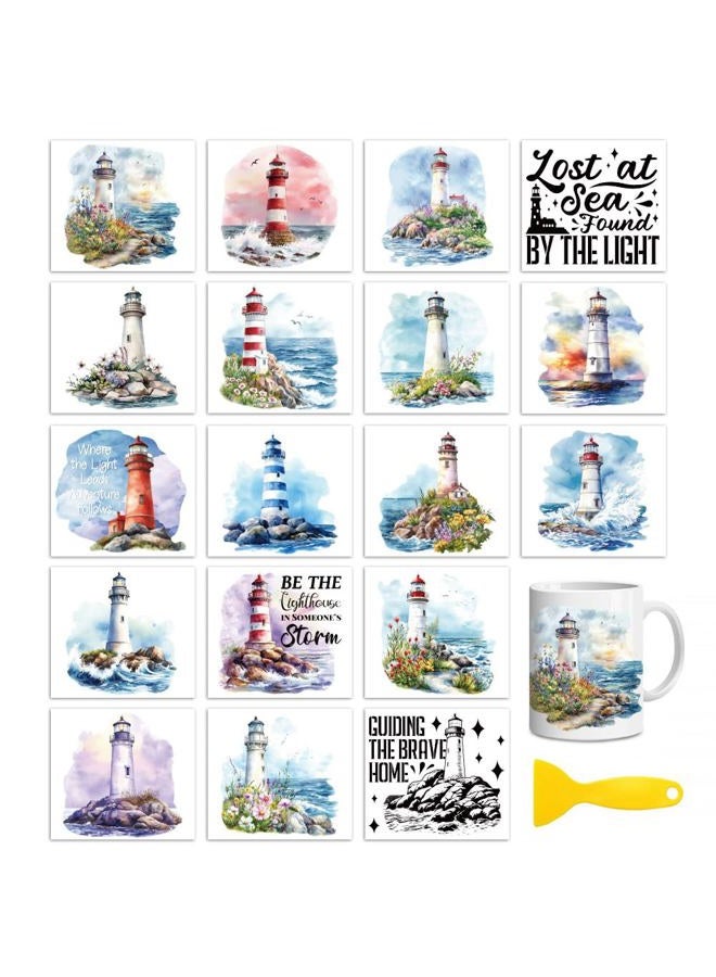 Peacoblue Rub on Transfers for Crafts,18 Sheets 3.9 x 3.6 Inch Watercolor Decals Transfer Stickers Lighthouse for DIY Glass Cup - Image 1