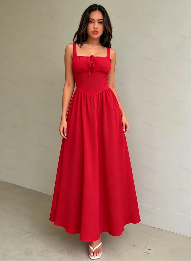 Styli  Red Tie Front A-Line Midi Dress for Women | Best Price UAE