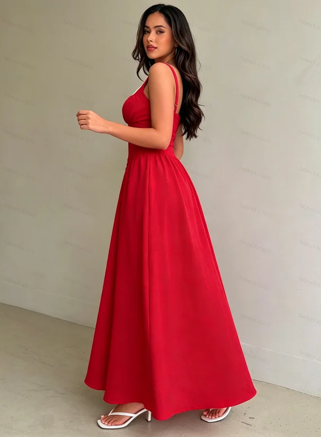 Styli  Red Tie Front A-Line Midi Dress for Women | Best Price UAE