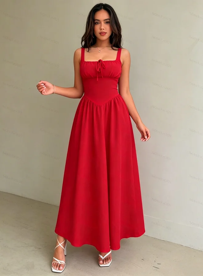 Styli  Red Tie Front A-Line Midi Dress for Women | Best Price UAE
