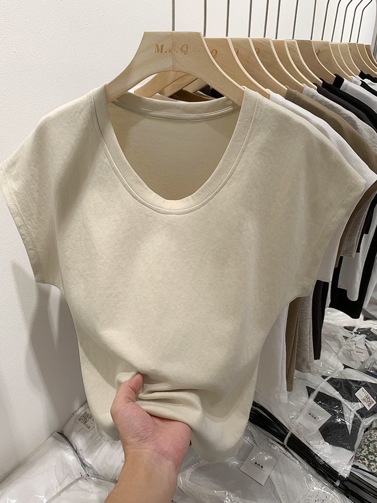 Classic Basic U-Neck Grey All-Match Short-Sleeved T-Shirt Women's American-Style Loose Casual Sleeveless Top Low-Neck Base Shirt - Image 5