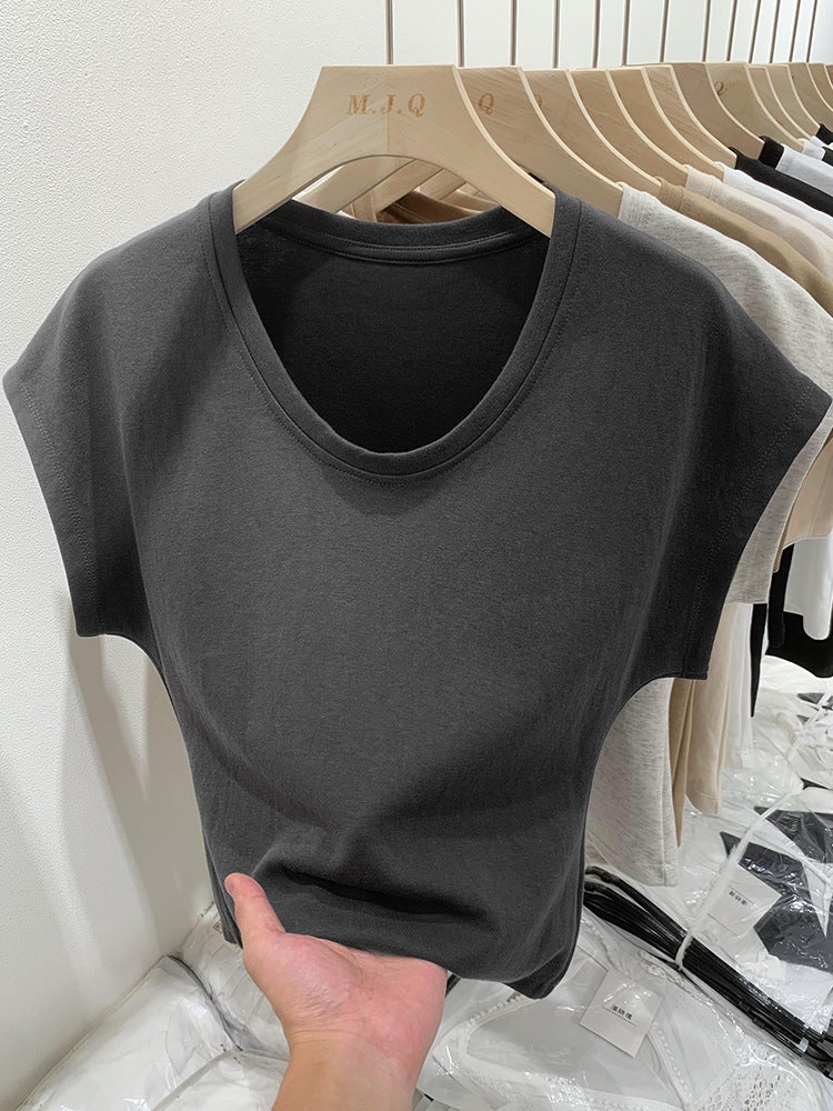 Classic Basic U-Neck Grey All-Match Short-Sleeved T-Shirt Women's American-Style Loose Casual Sleeveless Top Low-Neck Base Shirt - Image 4