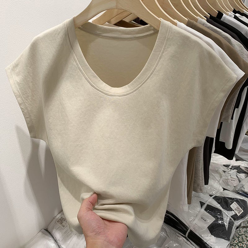 Classic Basic U-Neck Grey All-Match Short-Sleeved T-Shirt Women's American-Style Loose Casual Sleeveless Top Low-Neck Base Shirt - Image 1