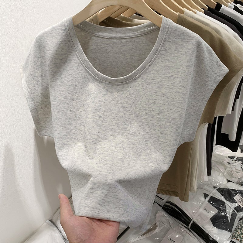 Classic Basic U-Neck Grey All-Match Short-Sleeved T-Shirt Women's American-Style Loose Casual Sleeveless Top Low-Neck Base Shirt - Image 2