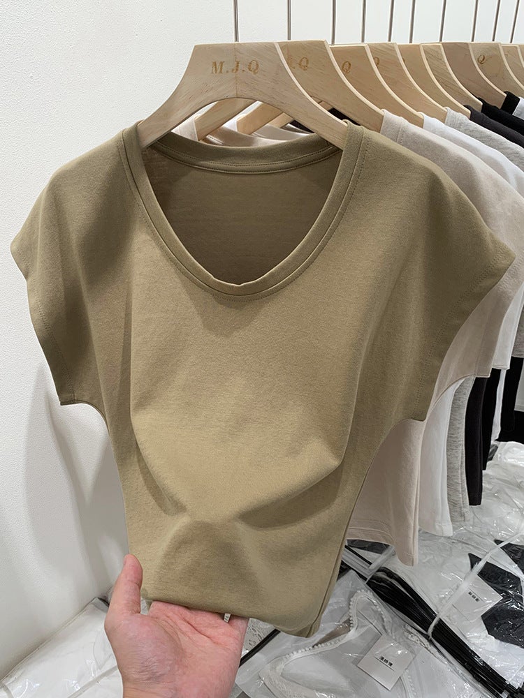 Classic Basic U-Neck Grey All-Match Short-Sleeved T-Shirt Women's American-Style Loose Casual Sleeveless Top Low-Neck Base Shirt - Image 3
