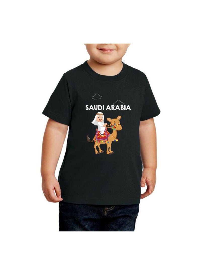 Saudi Arabia-Themed Boys Souvenir T-Shirt for Kids - Short Sleeve Round Neck Cotton Tshirt - Saudi Design with Camel - Ideal for School, Playtime - Image 1