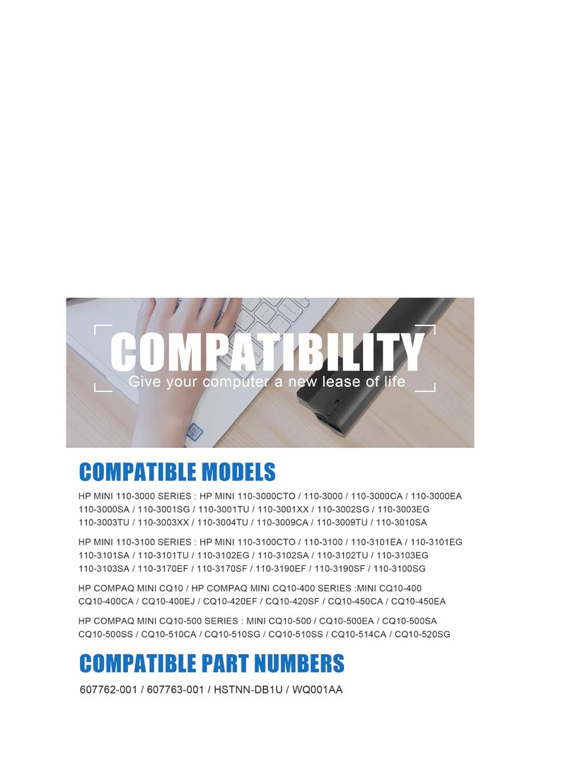 Terabyte 03TY 06TY 607762-001 607763-001 Battery Compatible for HP Compaq HSTNN-E04C Mini 110-3000 Series 110-3014tu Mini CQ10-400 CQ10-500 s Laptop Battery - Image 2
