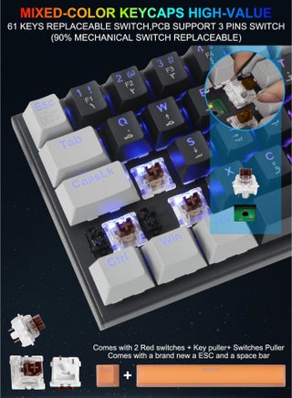 Z-11 60% Wired RGB Arabic & English Mechanical Keyboard,61 Keys Compact Gaming Keyboard with Hot Swappable Brown Switches for Windows, Mac PS(Black Grey) - view 4