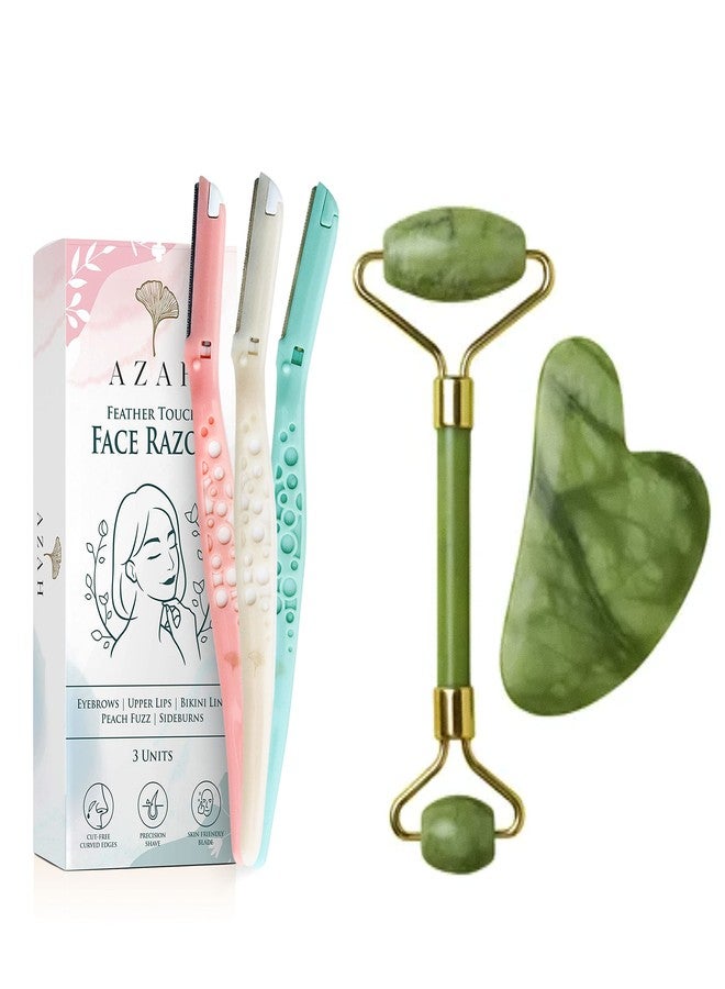 Azah Jade Roller & Face Razor Combo | Selfcare & Skincare Essentials Kit | Facial Hair Removal & Face Massage Combo | Spa-like Massage at Home | Natural Jade Stone & Scratch Free Face Razor - Image 1