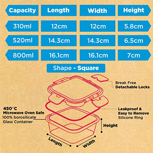 Allo FoodSafe, Set of 3, 310ml, 520ml & 800ml, Glass Borosilicate, Leak Proof, Food Storage Container with Break Free Detachable Lock, Oven Safe Microwave Safe - Image 5