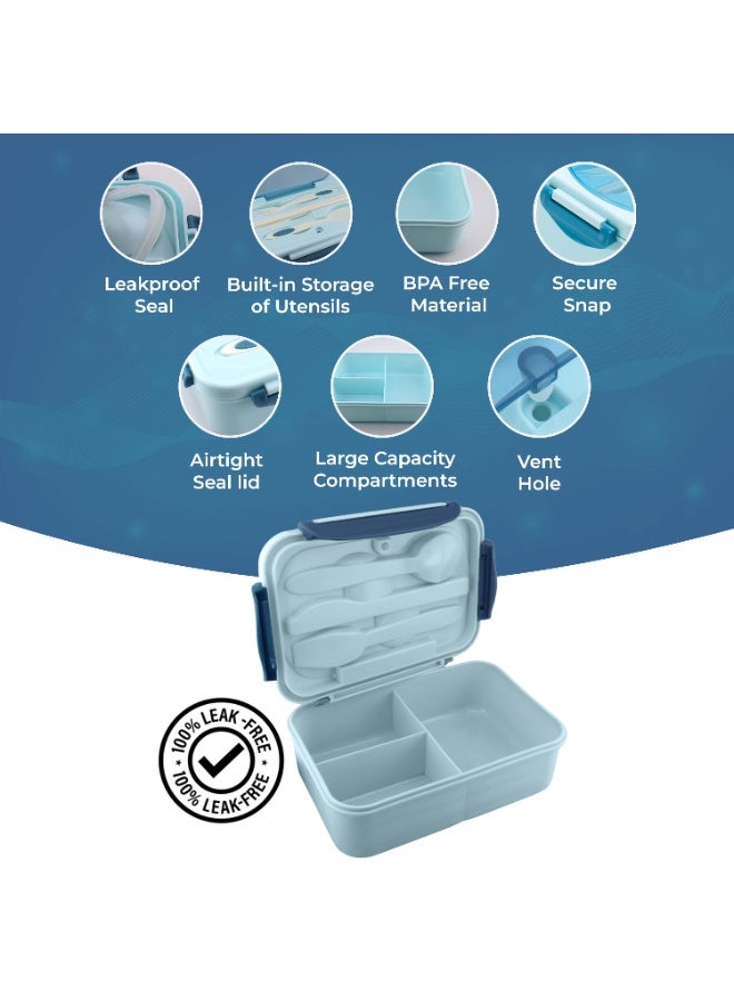 CRAVISTA Bento Lunch Box for Adults and Kids – 1200ML Leakproof 3-Compartment Lunchbox with Spoon & Fork – BPA-Free, Microwave Safe, Durable Food Container (Blue) - Image 3