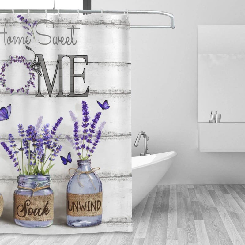 Tijuboni Purple Lavender Shower Curtain Farmhouse Flowers Shower Curtains for Neutral Country Bathroom Decor Rustic Butterfly Shower Curtain Set Waterproof Polyester Fabric 60 x 72 Inch - Image 2