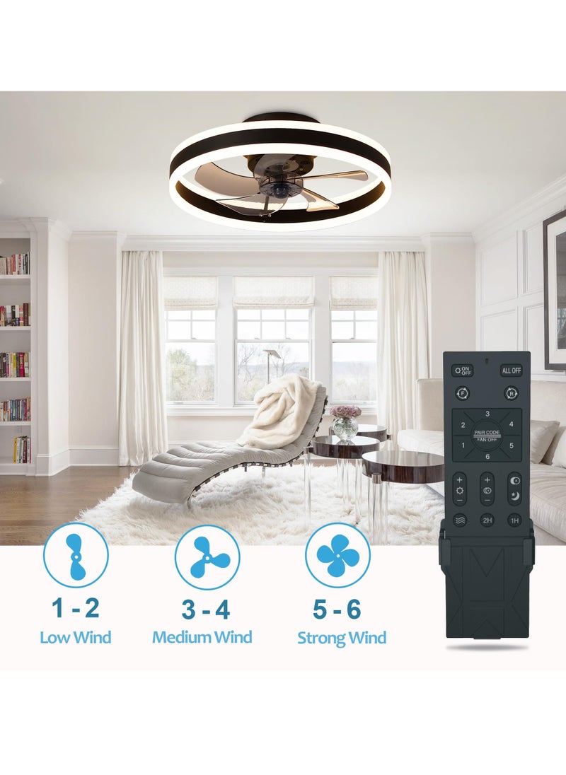 Ceiling Fan with Light, Black Fixed Fan with Lights and Remote Control, 6 Speeds Adjustable, Flush Mount Ceiling Fan 50 * 16.5CM