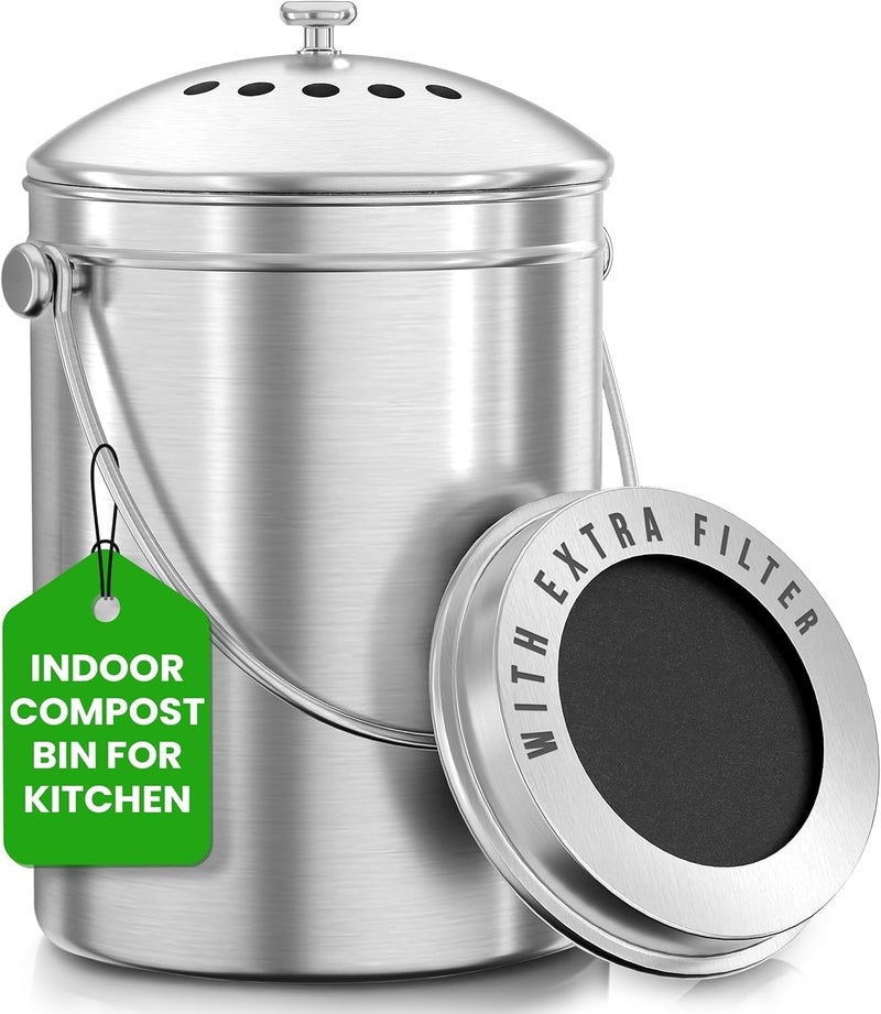 Utopia Kitchen Stainless Steel Compost Bin for Kitchen Countertop - 1.3 Gallon Compost Bucket Kitchen Pail Compost with Lid - Includes 1 Spare Charcoal Filter - Image 1