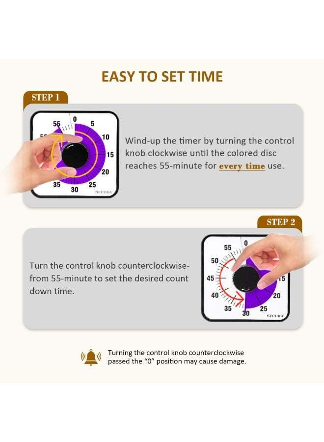 Secura Secura 60Minute Visual Countdown Timer 75Inch Oversize Classroom Visual Timer for Kids and Adults Durable Mechanical Kitchen Timer Clock with Magnetic Backing Purple - Image 2