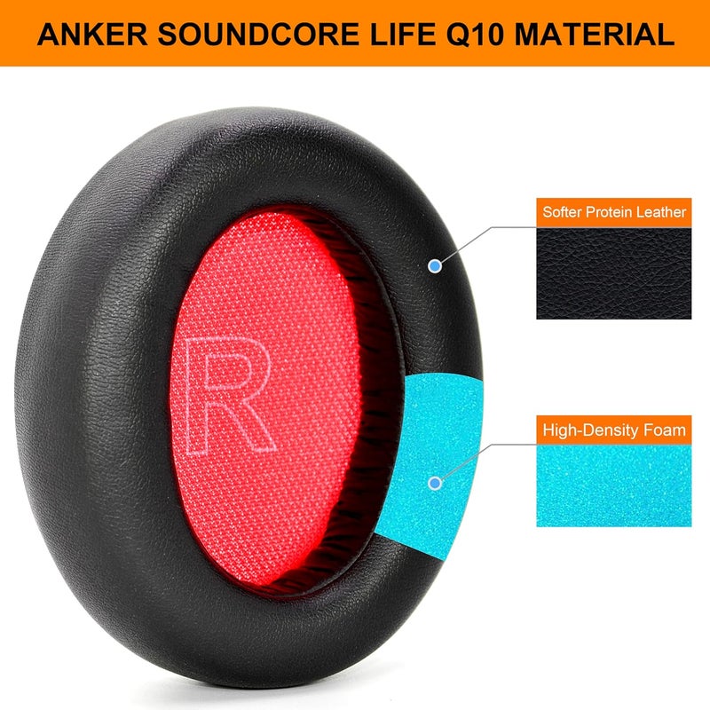 defean Life Q10 Earpads Replacement Ear Cushion Cover Ear Pads Cushion Compatible with Anker Soundcore Life Q10 / Q10 Bluetooth Headset, Softer Leather,High-Density Noise Cancelling Foam (Black-red) - Image 3