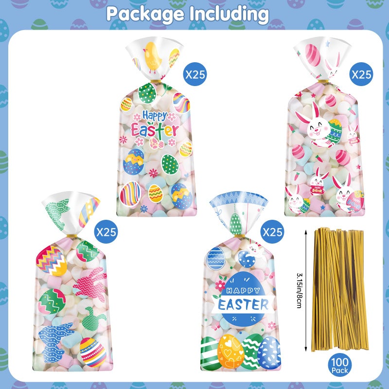 Litmitfu 100 Pcs Easter Treat Bags - Happy Easter Gift Bag, Easters Eggs Plastic Cellophane Bag, Clear Colorful Easters Bunny Goodie Candy Favor Bags with Gold Twist Ties for Easte Party Favors Supplies - Image 4