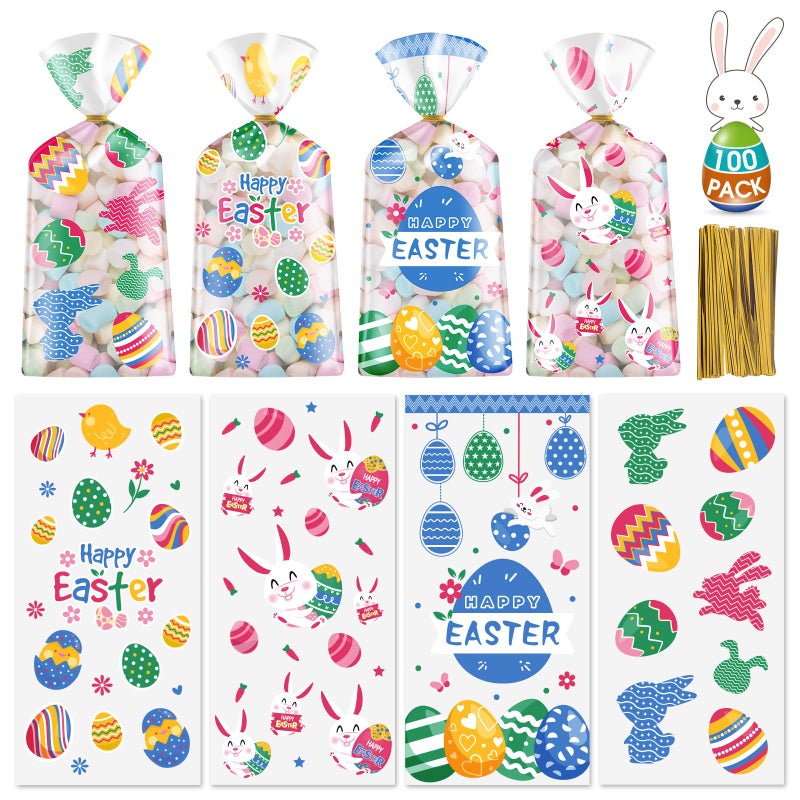 Litmitfu 100 Pcs Easter Treat Bags - Happy Easter Gift Bag, Easters Eggs Plastic Cellophane Bag, Clear Colorful Easters Bunny Goodie Candy Favor Bags with Gold Twist Ties for Easte Party Favors Supplies - Image 1