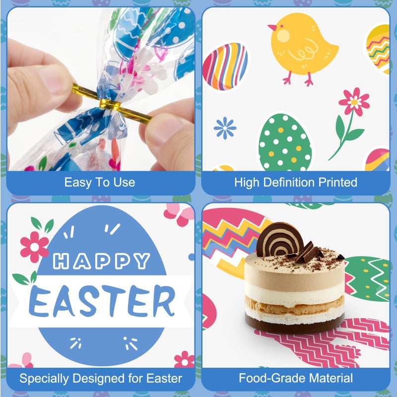 Litmitfu 100 Pcs Easter Treat Bags - Happy Easter Gift Bag, Easters Eggs Plastic Cellophane Bag, Clear Colorful Easters Bunny Goodie Candy Favor Bags with Gold Twist Ties for Easte Party Favors Supplies - Image 5
