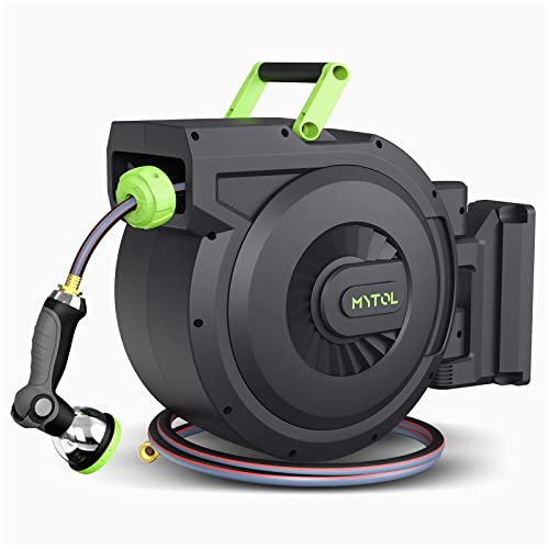 Mytol MYTOL Retractable Garden Hose Reel 12 Inch x 100 ft  6 ft Wall Mount Hose Reel with Automatic Slow Rewind System Any Length Lock 10 Patterns Hose Nozzle 180Swivel Bracket for Garden Watering 