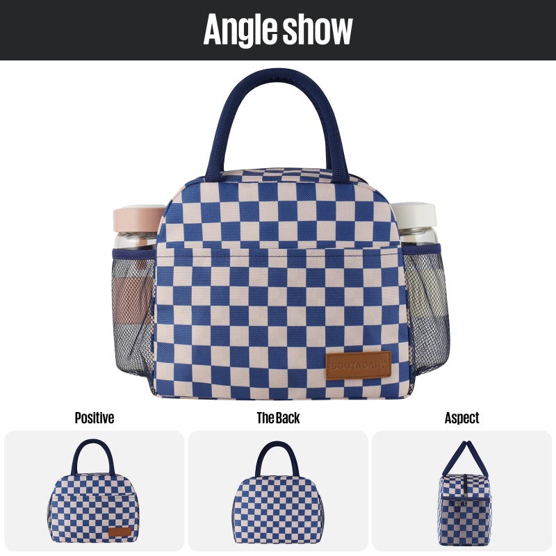 douyadady Lunch Bag Women/Men Lunch Box Women/Men (Blue+Beige Checkerboard) - Image 5