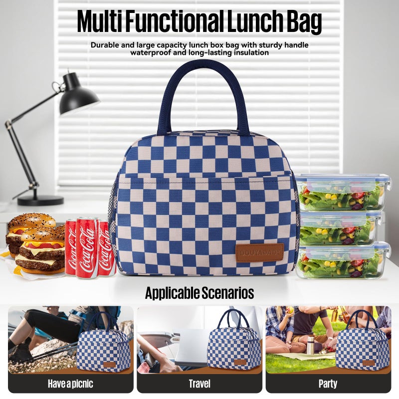 douyadady Lunch Bag Women/Men Lunch Box Women/Men (Blue+Beige Checkerboard) - Image 3