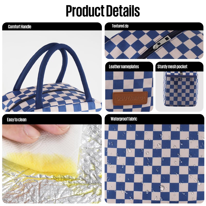 douyadady Lunch Bag Women/Men Lunch Box Women/Men (Blue+Beige Checkerboard) - Image 4