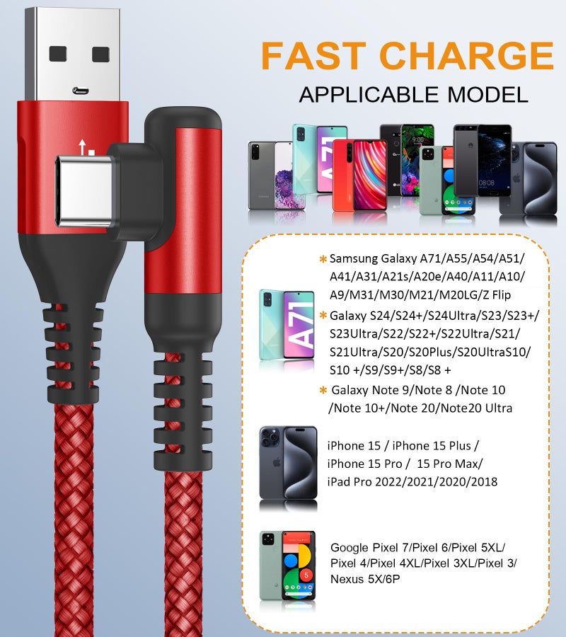sweguard USB Type C Charger Cable Right Angle [2-Pack,6.6FT] 3.1A Nylon Braided Cord for iPhone 17 16 15 Pro Max Plus iPhone Air Samsung Galaxy S25 S24 S23 S22 S21 S20 Note 20 A15 Flip Pixel LG Moto - Image 2
