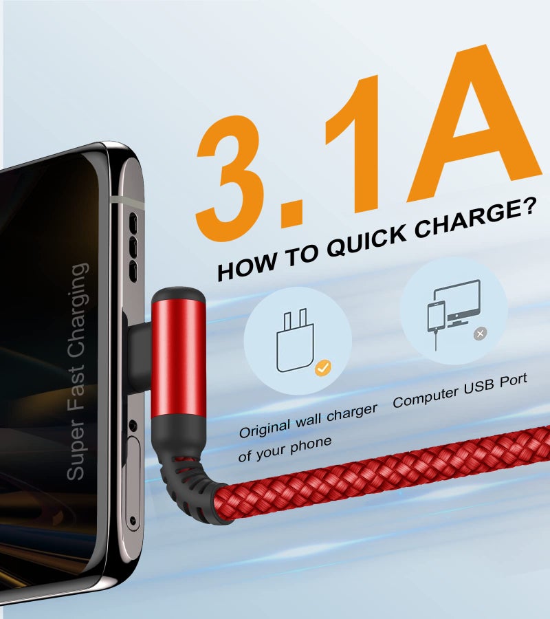 sweguard USB Type C Charger Cable Right Angle [2-Pack,6.6FT] 3.1A Nylon Braided Cord for iPhone 17 16 15 Pro Max Plus iPhone Air Samsung Galaxy S25 S24 S23 S22 S21 S20 Note 20 A15 Flip Pixel LG Moto - Image 3
