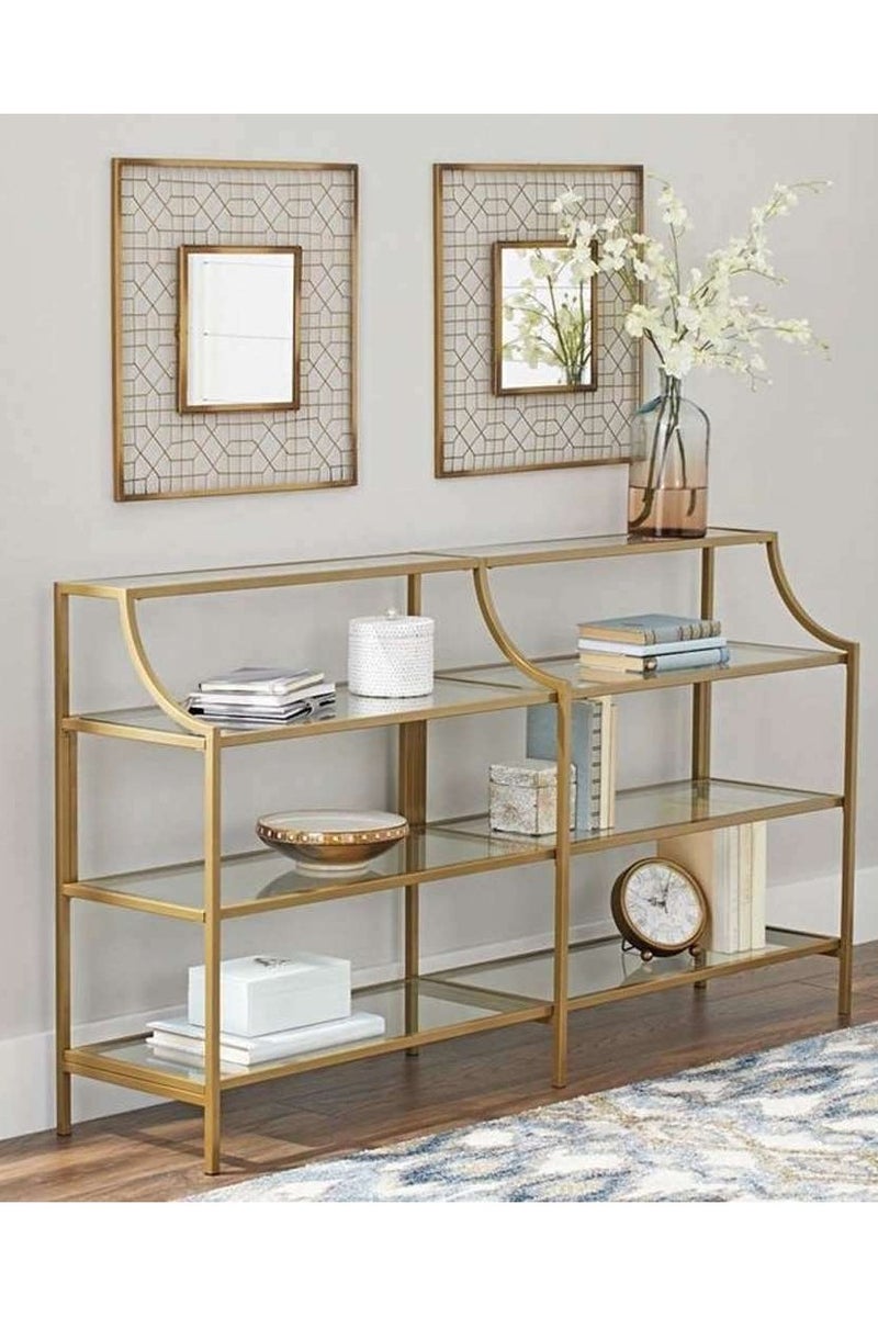 4-Tier Glass Top Desk Console, Gold Stainless Steel Frame, Rust-Proof
