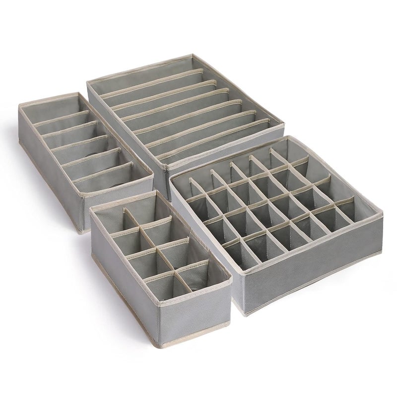 Premium 4-Piece Foldable Drawer Organiser Set - Heavy-Duty Non-Woven Fabric Wardrobe Dividers - Durable Multi-Cell Storage Bins for Socks, Bras, Scarves & Ties (Sleek Grey Space-Saving Collapsible Profile) - Manual Closet Organization Convenience & Garment Asset Management Template