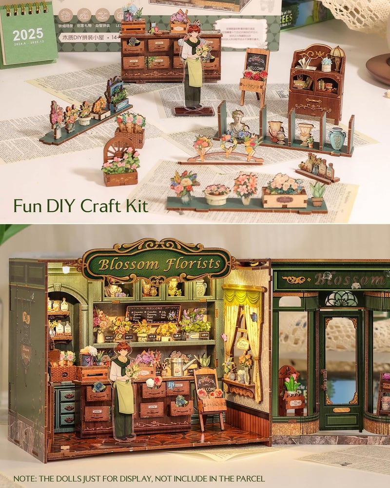 CUTEBEE Book Nook Kit - DIY Miniature House Dollhouse Kit for Adults and Teens, Booknook Tiny House Bookshelf Decor 3D Wooden Puzzle, Gifts for Family, Friends (Blossom Florists) - Image 2