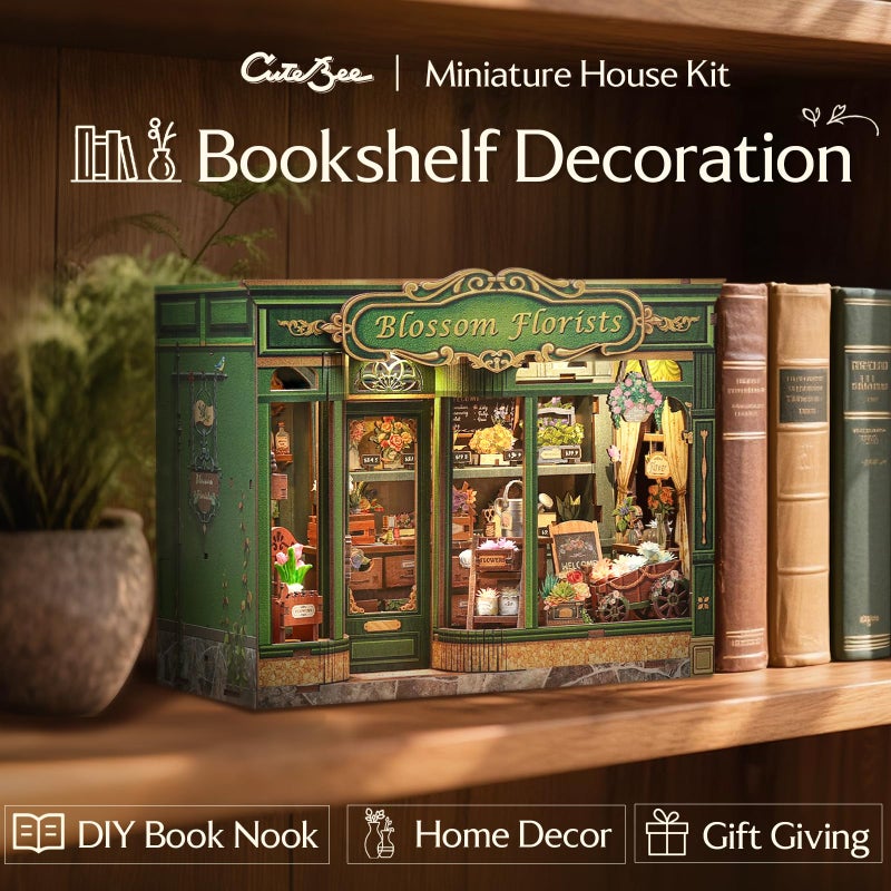 CUTEBEE Book Nook Kit - DIY Miniature House Dollhouse Kit for Adults and Teens, Booknook Tiny House Bookshelf Decor 3D Wooden Puzzle, Gifts for Family, Friends (Blossom Florists) - Image 5