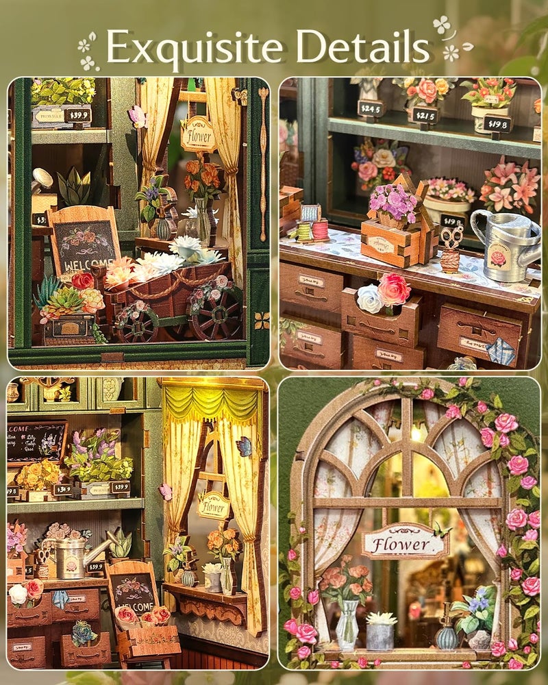 CUTEBEE Book Nook Kit - DIY Miniature House Dollhouse Kit for Adults and Teens, Booknook Tiny House Bookshelf Decor 3D Wooden Puzzle, Gifts for Family, Friends (Blossom Florists) - Image 4