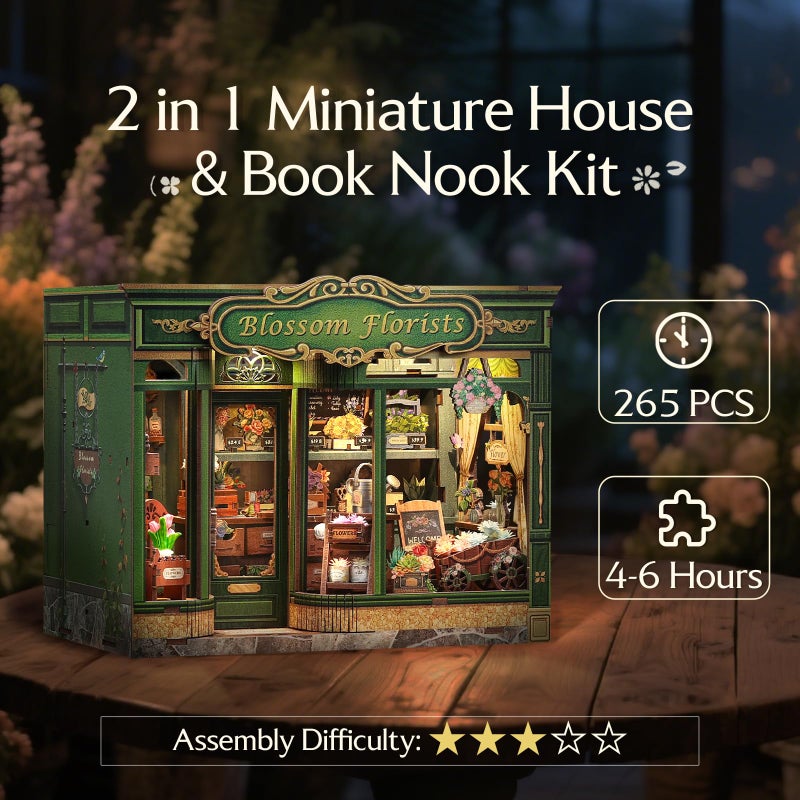 CUTEBEE Book Nook Kit - DIY Miniature House Dollhouse Kit for Adults and Teens, Booknook Tiny House Bookshelf Decor 3D Wooden Puzzle, Gifts for Family, Friends (Blossom Florists) - Image 3