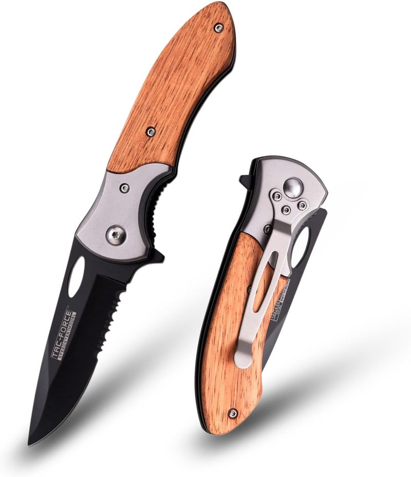 Tac-Force - Folding Pocket Knife –Partially Serrated, Black Stainless Steel Blade, Wood Handle w/Stainless Steel Bolster and Pocket Clip, Tactical, EDC, Rescue - TF-876 - Image 1