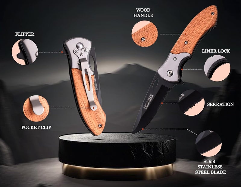 Tac-Force - Folding Pocket Knife –Partially Serrated, Black Stainless Steel Blade, Wood Handle w/Stainless Steel Bolster and Pocket Clip, Tactical, EDC, Rescue - TF-876 - Image 4
