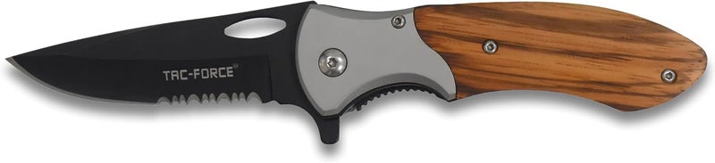 Tac-Force - Folding Pocket Knife –Partially Serrated, Black Stainless Steel Blade, Wood Handle w/Stainless Steel Bolster and Pocket Clip, Tactical, EDC, Rescue - TF-876 - Image 2
