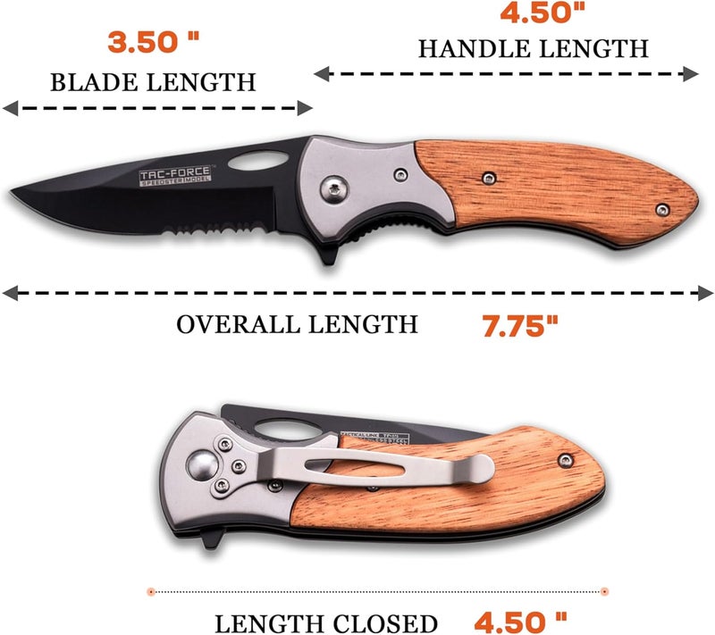 Tac-Force - Folding Pocket Knife –Partially Serrated, Black Stainless Steel Blade, Wood Handle w/Stainless Steel Bolster and Pocket Clip, Tactical, EDC, Rescue - TF-876 - Image 3