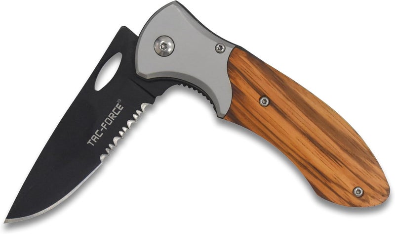 Tac-Force - Folding Pocket Knife –Partially Serrated, Black Stainless Steel Blade, Wood Handle w/Stainless Steel Bolster and Pocket Clip, Tactical, EDC, Rescue - TF-876 - Image 5
