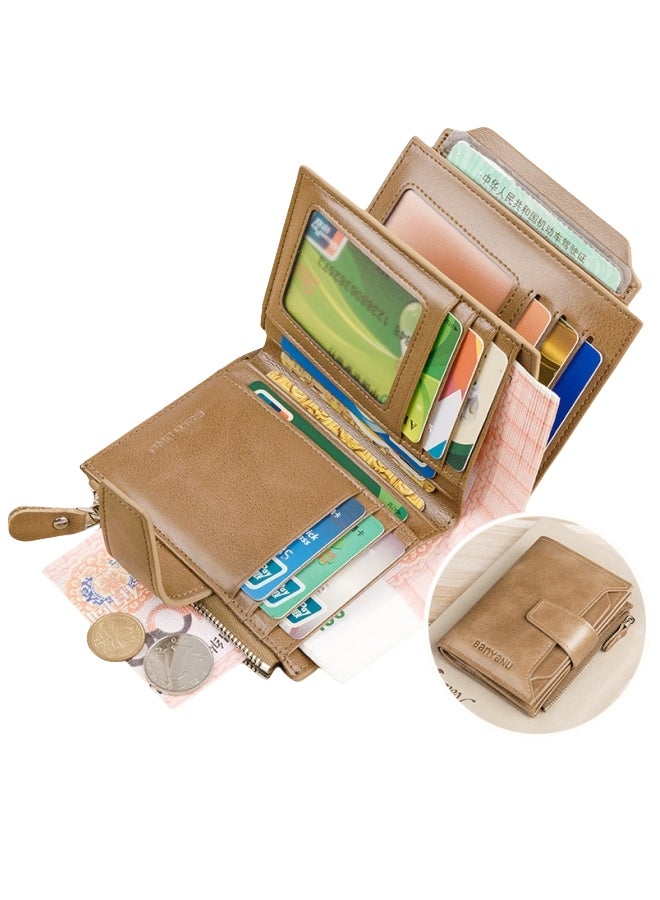 banyanu Retro Men's Wallet Anti-Theft Brush Short Genuine Leather Men's Wallet Khaki Color - Image 1
