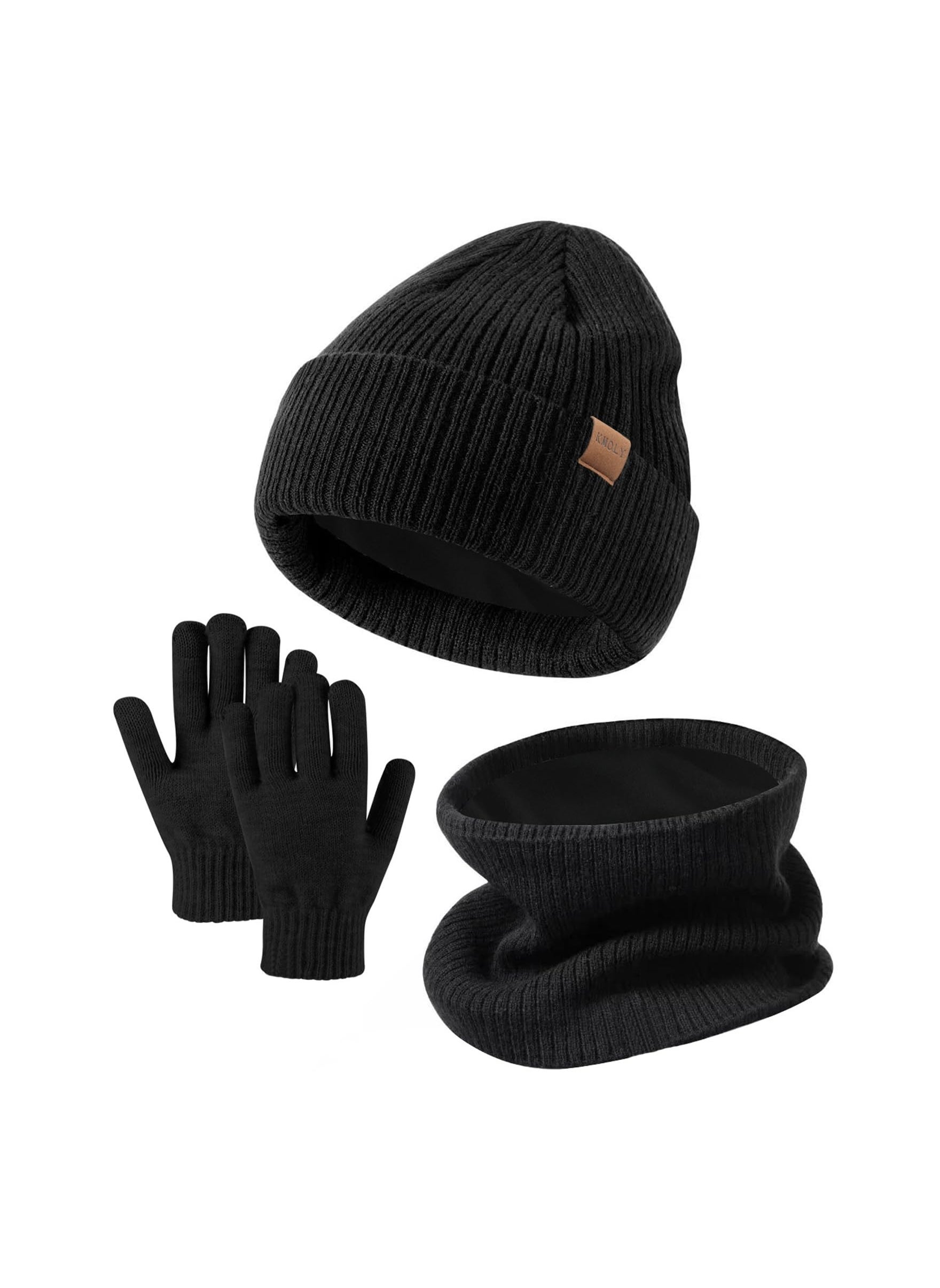 Kid Hat Scarf Gloves Set - Winter Knit Beanie Cap Neck Warmer Touch Screen Mitten Boy Girl 5-10 Year