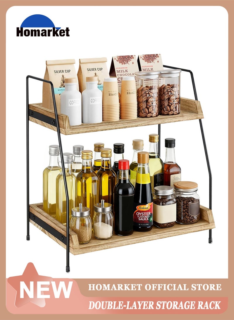 هومار كيت منظم سطح حوض الحمام، منظم ركن قهوة من طبقتين لسطح الحوض، ملحقات ومنظم ركن القهوة، تخزين توابل القهوة، رف توابل خشبي منظم للمطبخ والحمام والمكتب - Image 1