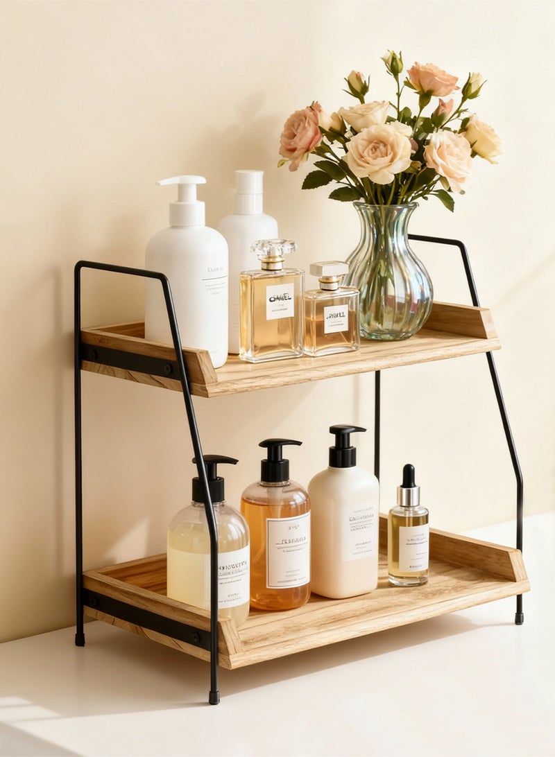 هومار كيت منظم سطح حوض الحمام، منظم ركن قهوة من طبقتين لسطح الحوض، ملحقات ومنظم ركن القهوة، تخزين توابل القهوة، رف توابل خشبي منظم للمطبخ والحمام والمكتب - Image 2